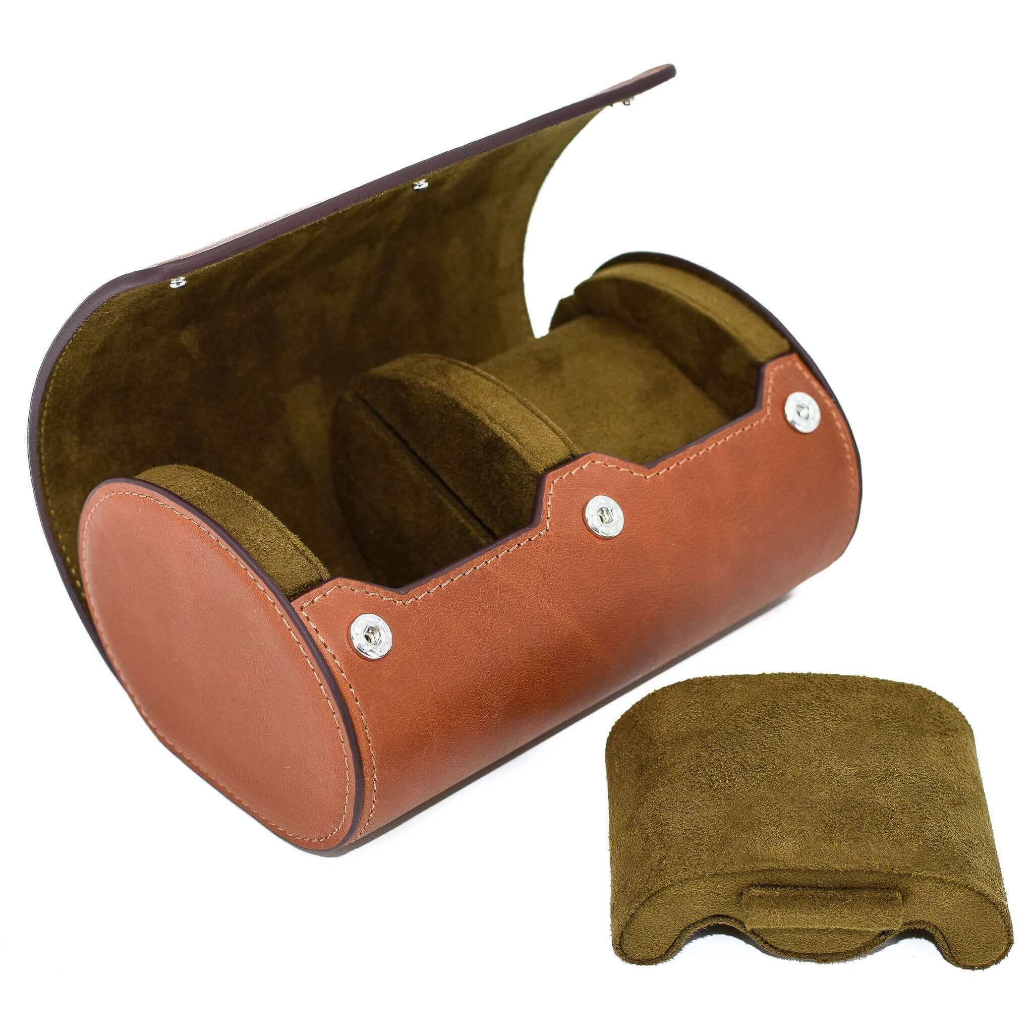 A side view showing the compressible watch pillow removed from Luxury Watch Roll's double slot, vintage brown leather watch roll for two watch storage.
