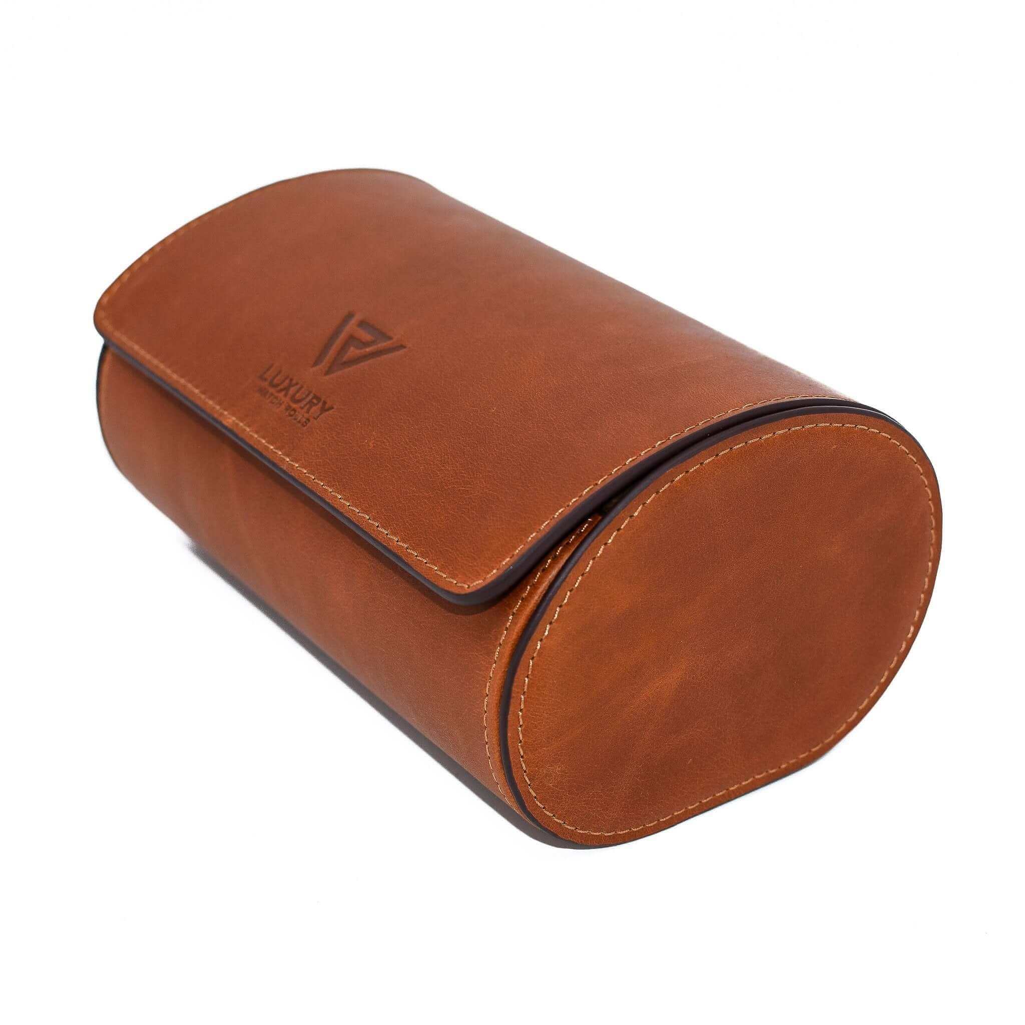 A side view of Luxury Watch Roll's double slot, vintage brown leather watch roll for two watch storage.