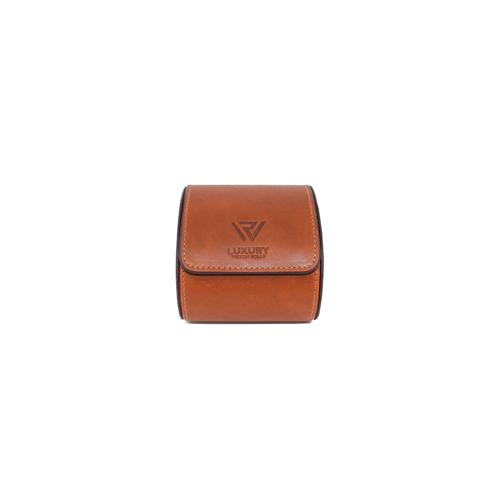 A front view of Luxury Watch Roll's single slot, vintage brown leather watch roll for one watch storage.