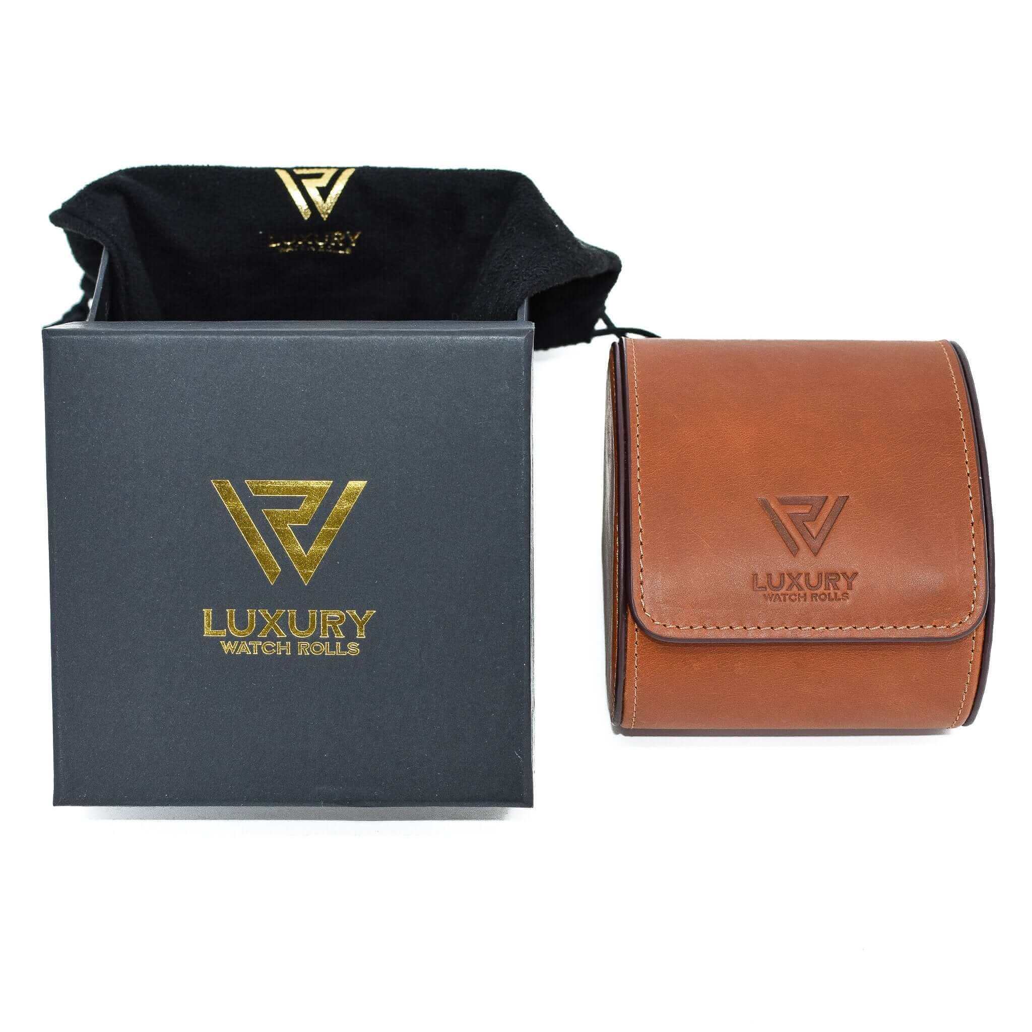 Gift box and velvet bag next to Luxury Watch Roll's single slot, vintage brown leather watch roll for one watch storage.