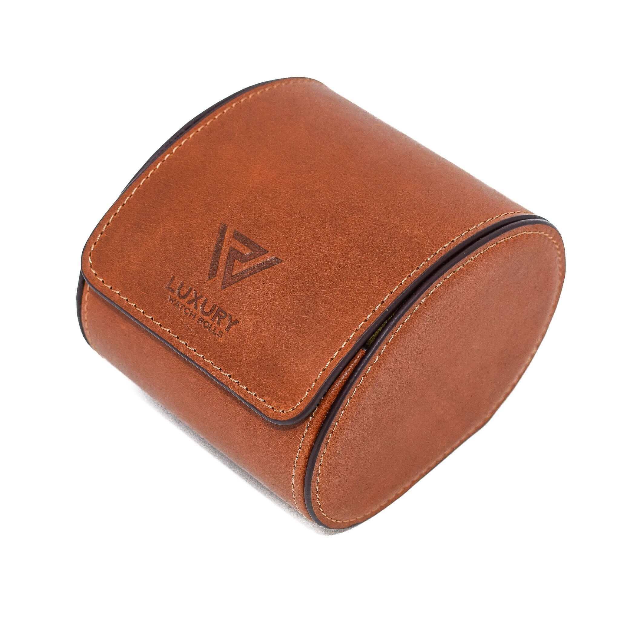 A side view of Luxury Watch Roll's single slot, vintage brown leather watch roll for one watch storage.