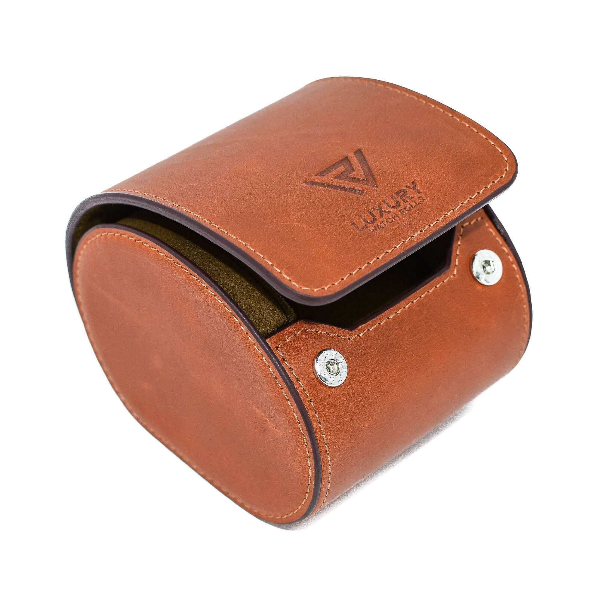 A side view showing the inside of Luxury Watch Roll's single slot, vintage brown leather watch roll for one watch storage.