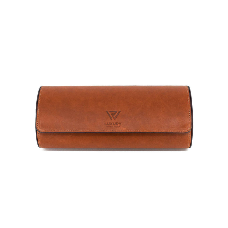 A front view of Luxury Watch Roll's triple slot, vintage brown leather watch roll for three watch storage.