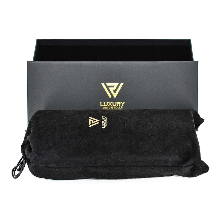 Gift box and velvet bag included with Luxury Watch Roll's triple slot, vintage brown leather watch roll for three watch storage.