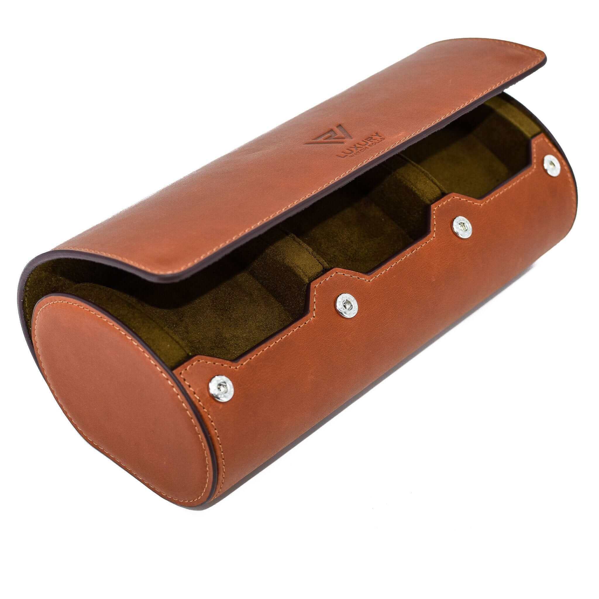 A side view showing the inside of Luxury Watch Roll's triple slot, vintage brown leather watch roll for three watch storage.