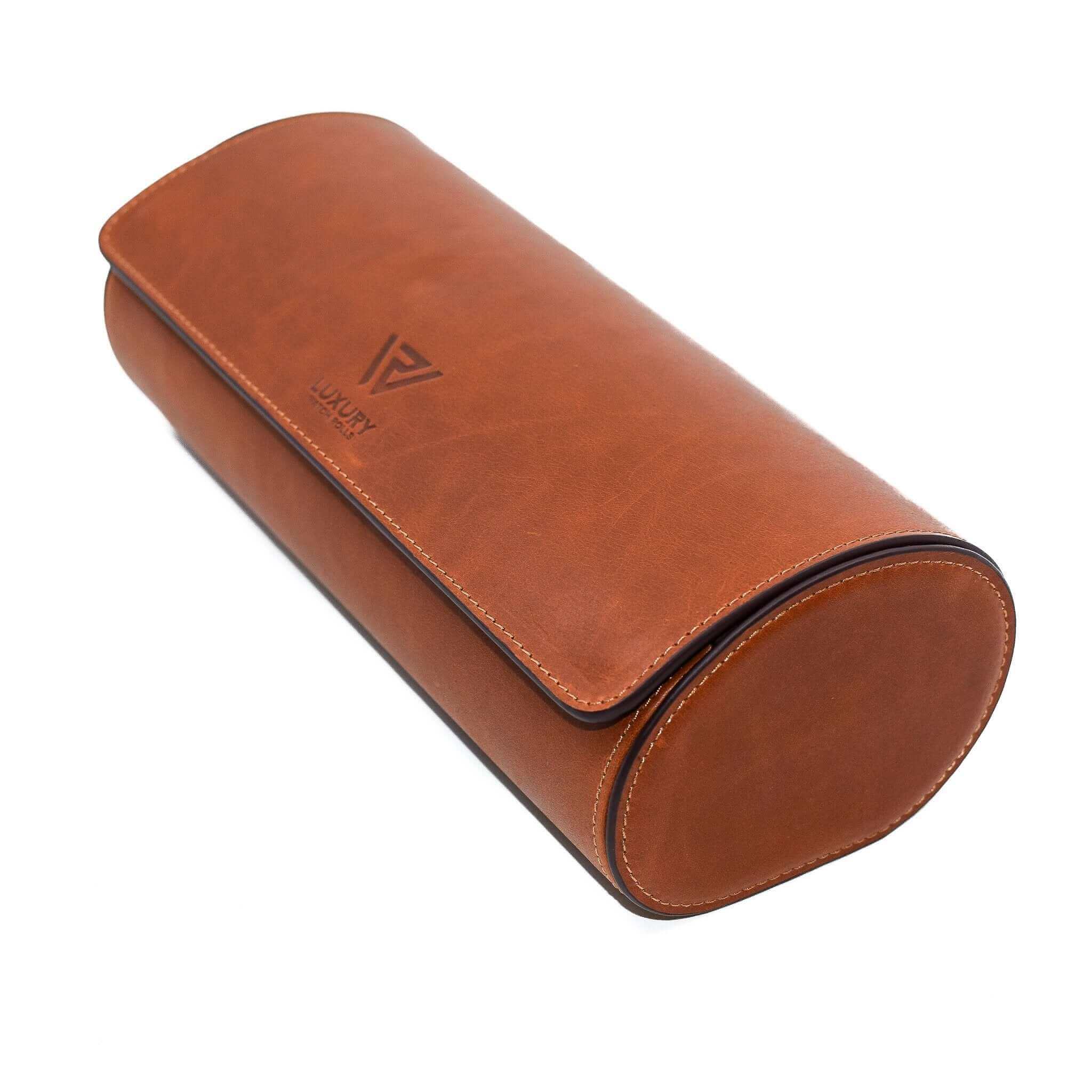 A side view of Luxury Watch Roll's triple slot, vintage brown leather watch roll for three watch storage.